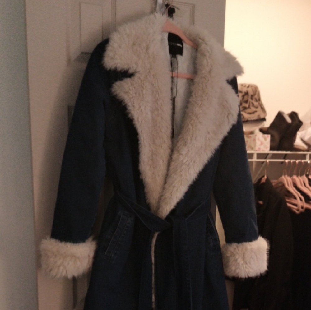 Fashion Nova Navy Coat with Cream Faux Shearling Trim
